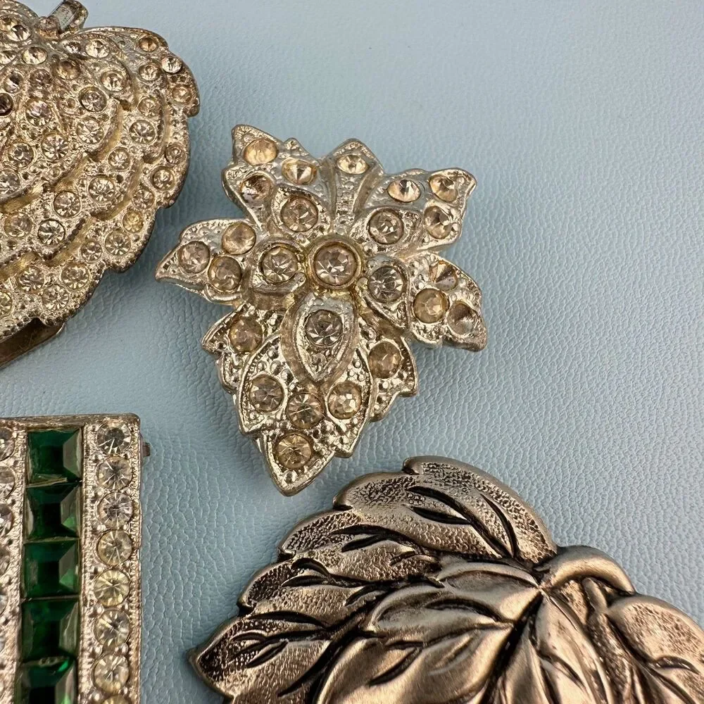 Vintage Rhinestone Dress Fur Clip Lot Silver Tone Art Deco Floral Some Pot Metal